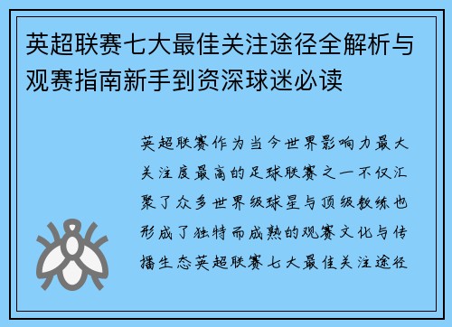 英超联赛七大最佳关注途径全解析与观赛指南新手到资深球迷必读
