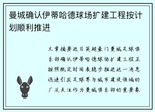 曼城确认伊蒂哈德球场扩建工程按计划顺利推进